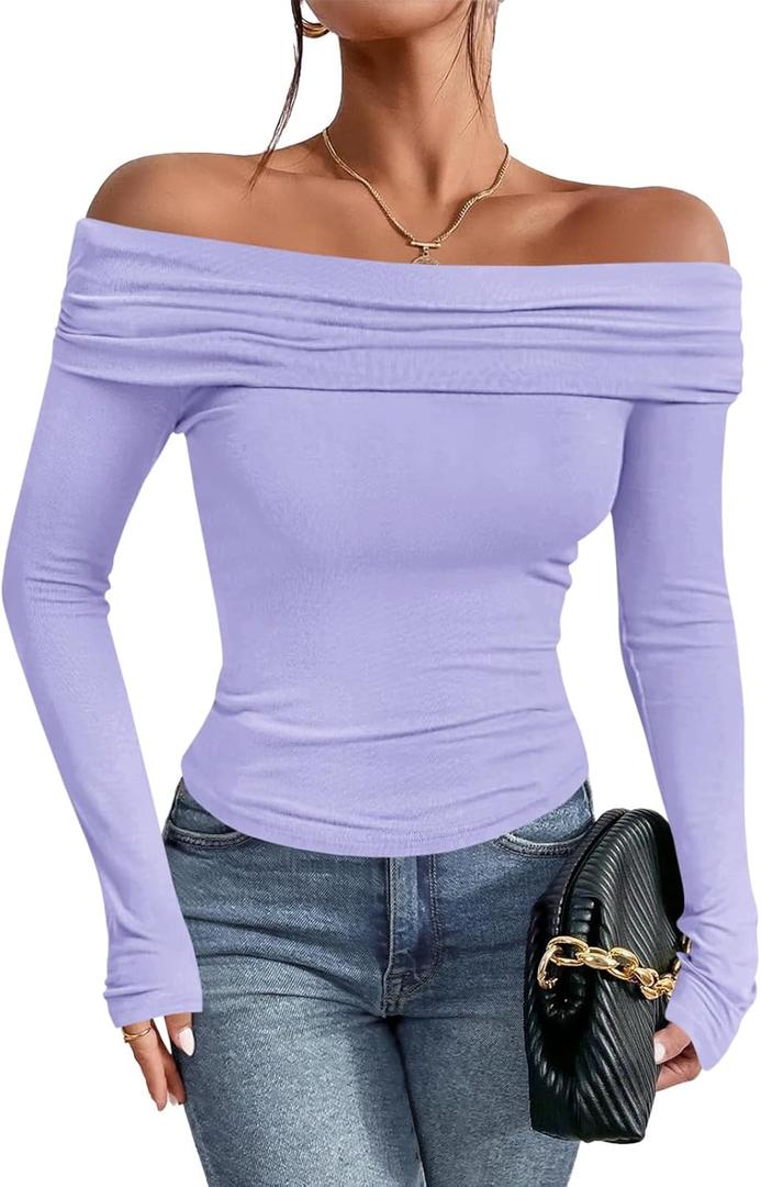 Imily Bela Women's Off The Shoulder Long Sleeve Blouse Shirts Tops Slim Fitted Sexy Going Out Nightout Club Party Y2K (Large, Lavender)