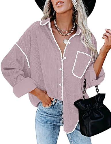 ZESICA Womens Corduroy Shacket Jacket Long Sleeve Button Down Shirt Oversized Blouses Tops with Pockets M