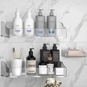 Acrylic Shower Shelves 3 Pack, Clear Adhesive Shower Caddy Organizer, Rustproof No Drill Wall Mount Bathroom & Kitchen Storage Rack