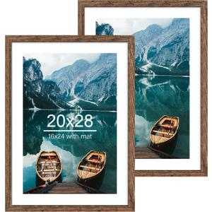Hongkee 20x28 Picture Frame Set of 2, Rustic Black Wood Style - Display 16x24 Picture with Mat or 20 x 28 Poster without Mat, Wall Mounting Horizontal and Vertical