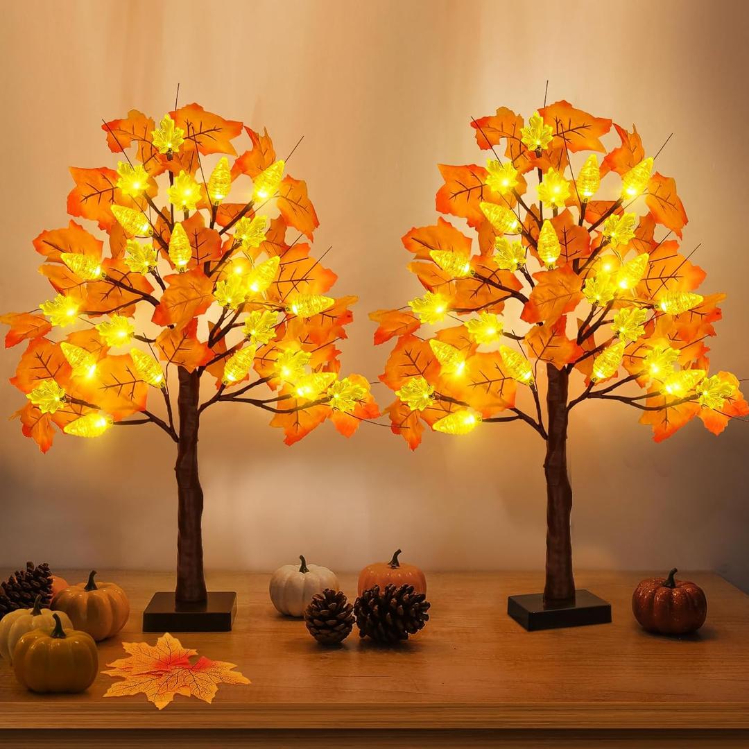 Fall Decor 2 Pack 24 Inch Prelit Fall Maple Tree with 48 LED Lights Battery Operated Timer Light Up Artificial Maple Acorn Tree for Fall Thanksgiving Tabletop Home Indoor Halloween Decor