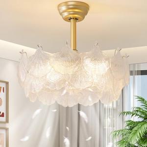 MEILEKE 20'' Fandelier Ceiling Fans with Lights, Gold Caged Ceiling Fan with Remote Low Profile, 6 Speed and Gingko Leaf, Modern Semi Flush Mount Ceiling Fan for Bedroom, Living Room, Nursery