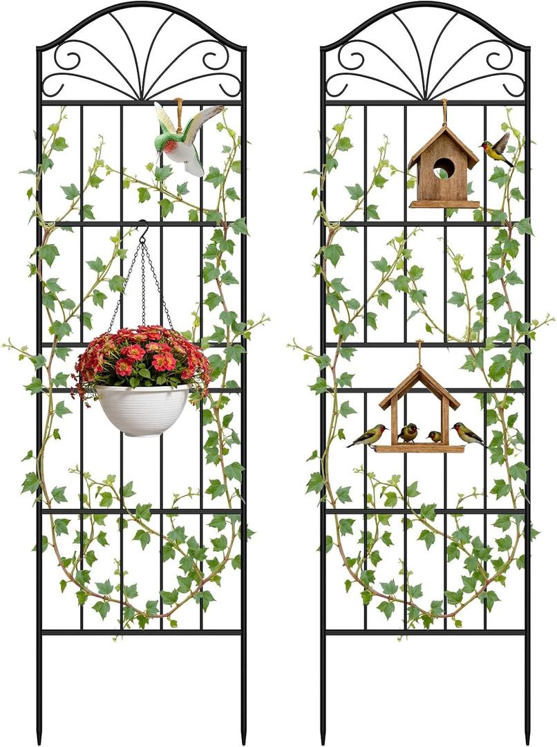 VOXOR Metal Trellis for Climbing Plants Outdoor, 70 * 19.7 Inch Tall Garden Trellis with Black Rustproof Coating, Decorative Rose Trellis for Climbing Roses, Vines, and Flowers, 2 Pack