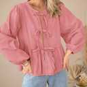 PRETTYGARDEN Women's Spring Fall Babydoll Peplum Blouse Shirt Puff Long Sleeve Bow Tie Front Trendy Cute Y2K Going Out Tops