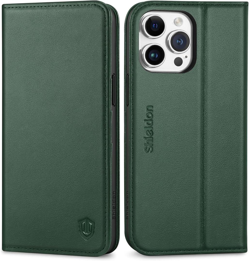 SHIELDON Case for iPhone 15 Pro Max 6.7" 5G, Genuine Leather Wallet Book Magnetic Cover RFID Blocking Credit Card Holder Kickstand Shockproof Case Compatible with iPhone 15 Pro Max - Evergreen