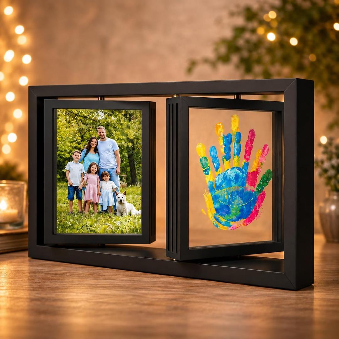 Family Handprint Frame Kit, Dual Rotating Photo & Handprint Display, DIY Keepsake Craft with Wooden Frame, Non-Toxic Paints, Baby Hand & Footprint Kit, Gift for Grandparents & New Parents (Black), Dual Spin - Handprint & photo