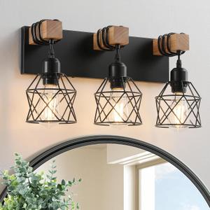 Farmhouse Vanity Light Fixture,3-Light Bathroom Lighting,Black Industrial Wood Wall Light Over Mirror with Metal Shade,Bulbs NOT Included