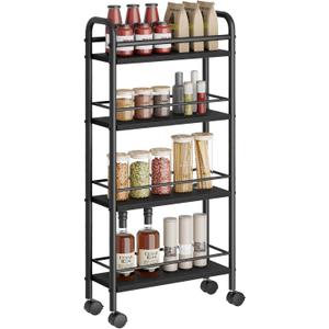 Slim Storage Cart, 4-Tier Small Rolling Cart with Wheels, 5.9" Deep, Narrow Bathroom Shelf Trolley for Kitchen, Bathroom, Laundry Room, Black Standard 4-Tier (5.9" W x 33.6" H)