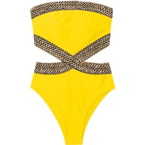 Milumia Women's Stitch Detail Strapless One Piece Swimsuit Cut Out Bandeau Bathing Suit (Yellow, S)