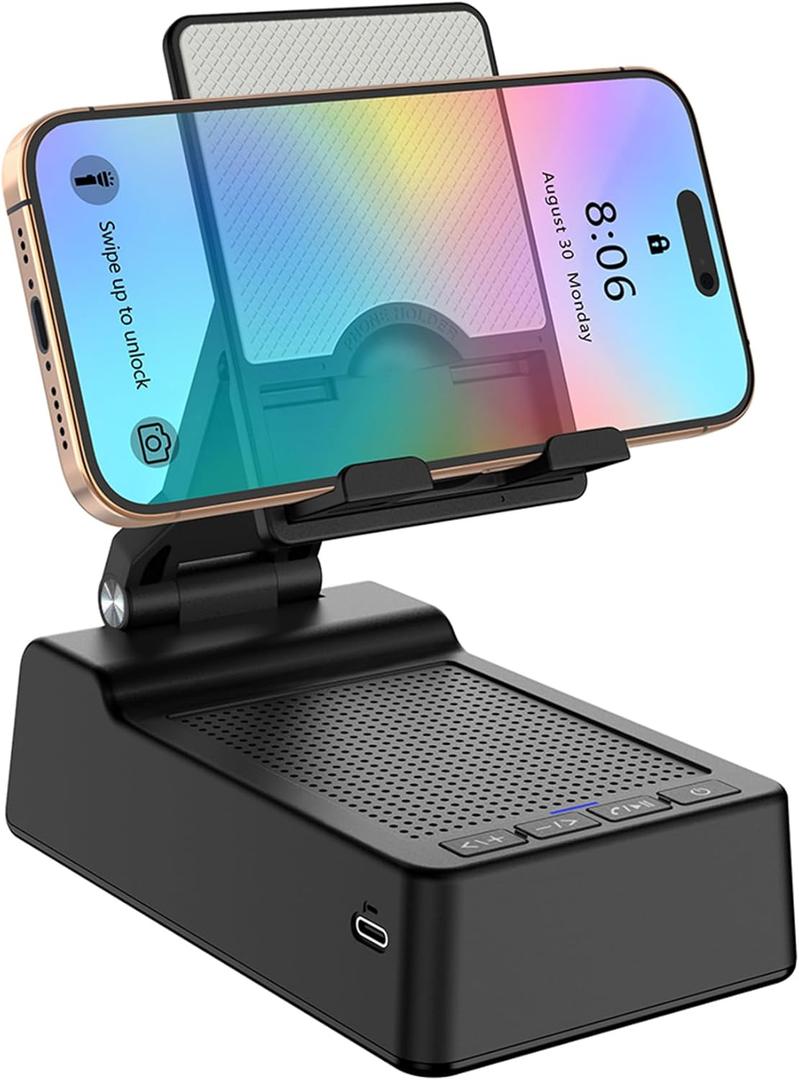 Cell Phone Stand with Wireless Bluetooth Speaker Adjustable Holder Anti-Slip Base HD Surround Sound for Home, Desk & Outdoors Compatible with Mobile & Tablets, Black