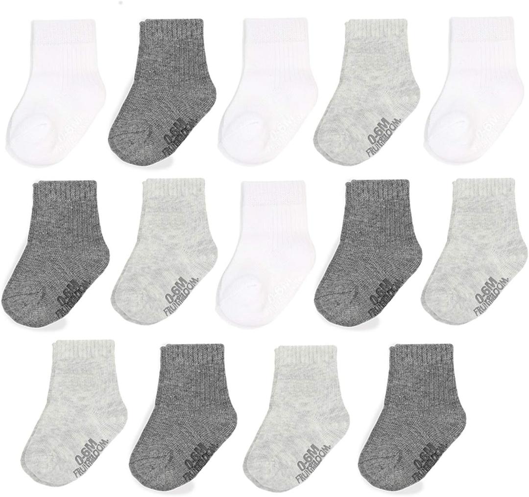Fruit of the Loom Baby 14-Pack Grow & Fit Flex Zones Cotton Stretch Socks - Unisex, Girls, Boys (0-6 Months, Grey)