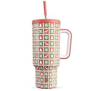 Meoky 40 oz Christmas Tumbler with Handle and Straw, Xmas Tumbler with Lid and Straw, Insulated Stainless Steel Travel Mug, Christmas Gifts for Women Men Adults (Ho Ho Reindeer)