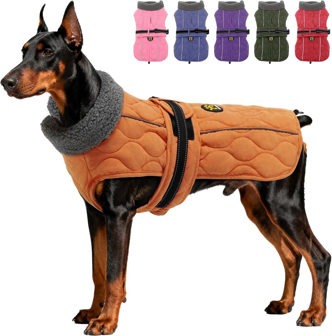 Dog Winter Coat, Adjustable Quilted Dog Snow Jacket with Fleece Lining, Water Resistant Pet Apparel for Cold Weather, Warm Large Doggie Coat with Leash Hole and Reflective Strip, NewOrange Large
