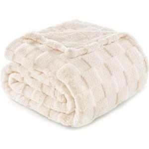 Exclusivo Mezcla Fleece Throw Blanket for Couch,Super Soft and Warm Lightweight Checkered Pattern Blankets for All Seasons, 50x60 Inches, Ivory