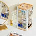 keomaisyto Earring Holder Organizer, 360 Rotating Jewelry Holder with Ring Tray/Necklace/Bracelet/Ring Hooks, White Earring stand with 4 Sides and 2 Wooden Trays for Jewelry Display (Upgraded)