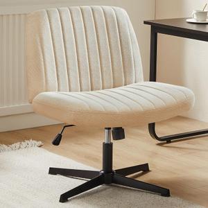 DUMOS Criss Cross Chair No Wheels Wide Cross Legged Office Desk Vanity Chair Comfy Fabric Armless Adjustable Swivel for Home Computer Task (Beige)