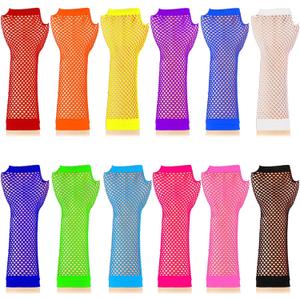 TecUnite 12 Pairs Fishnet Gloves Fingerless Neon Gloves for Women Men 80s Party Costume Accessories Supplies