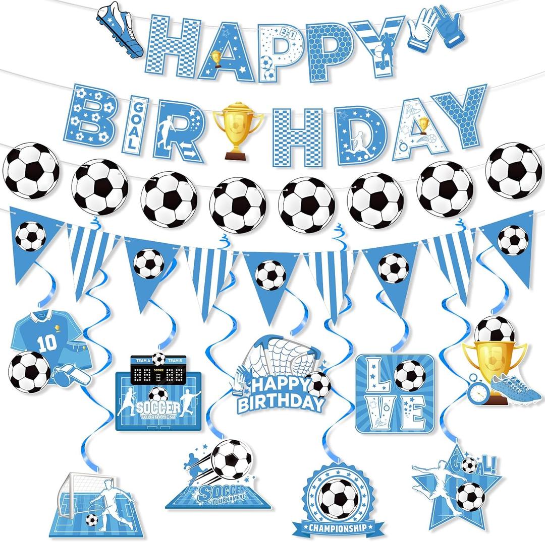 Blue Soccer Birthday Party Decorations for Boys Men Soccer Happy Birthday Banner Soccer Ball Garland Bunting Banner Sign and 9pcs Soccer Hanging Swirl Decor for Kids Adult Sports Theme Party Supplies