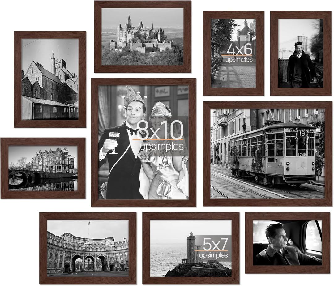 upsimples 10 Pack Picture Frames Collage Wall Decor for Mounting or Tabletop Display, Photo Gallery Frame Set for Family, Multi Sizes Including 8x10, 5x7, 4x6, Brown
