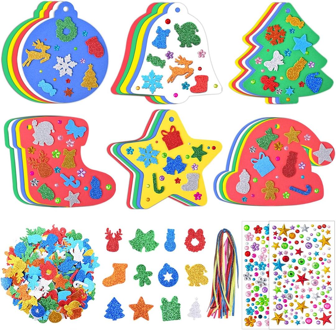 Christmas Crafts for Kids, 270 Pcs Christmas Foam Stickers Kit, 6 Styles Xmas Form Crafts Hanging Ornaments, DIY Christmas Crafts Decorations for Kids Holiday Party Favors Supplies