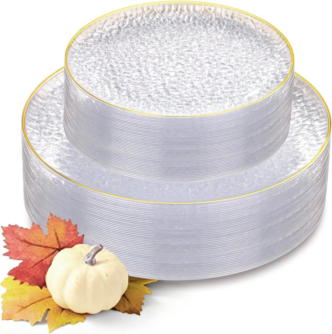 Hioasis 60pcs Clear Plastic Plates - Gold Rimmed Disposable, Hammered, Heavy-duty Dinnerware Set Suitable for 30 Guests, 10.25" Dinner & 7.5" Dessert Plates for Party & Wedding