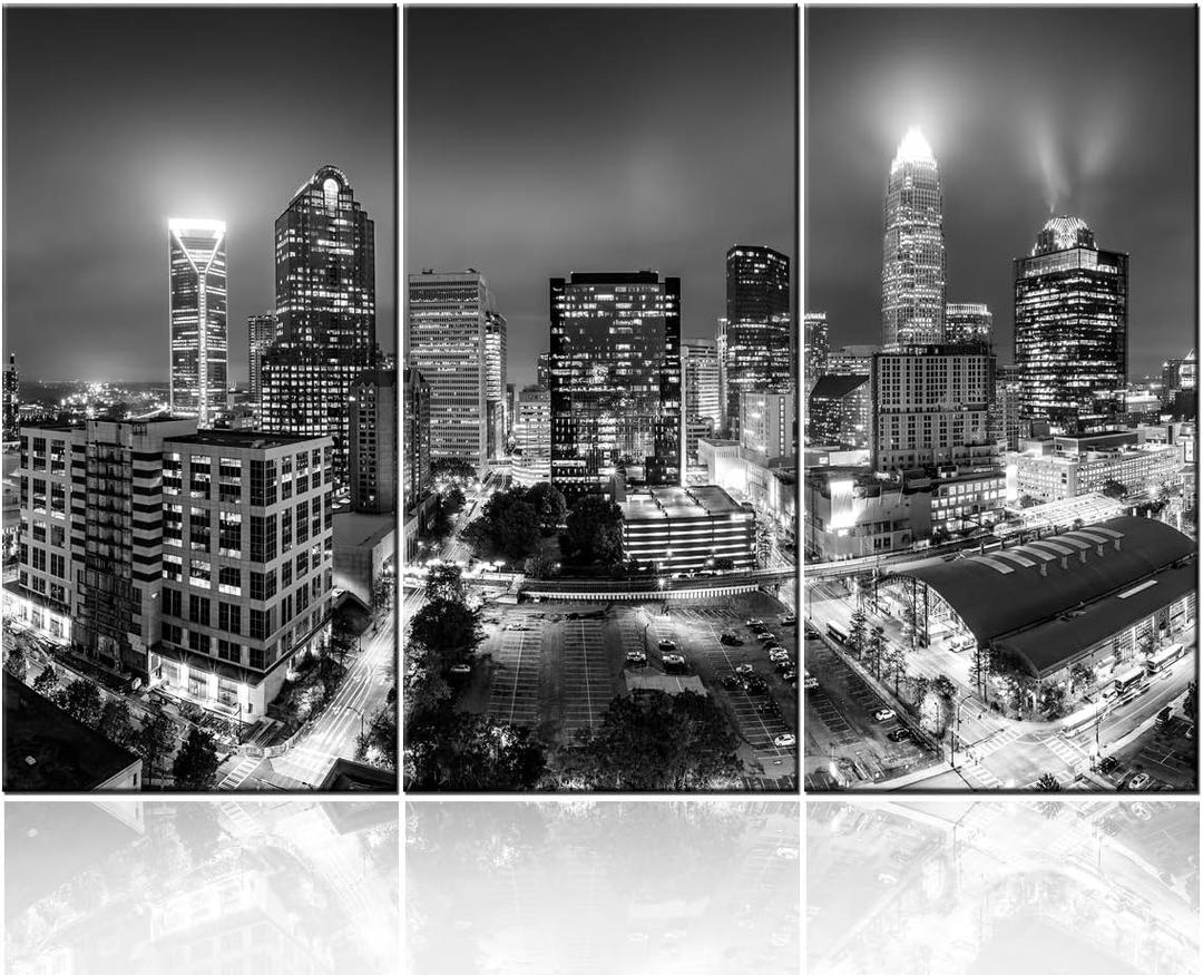 Canvas Print Wall Art Painting for Home Decor Black and White Charlotte Skyline Night Buildings Cityscape Coastline Paintings Artwork the Picture City Photo Prints On Canvas - 40‘’x20‘’x3 panels