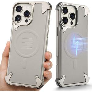 Metal Leather Frameless Case for iPhone 16 Pro Max Compatible with Magsafe, Aluminum Alloy Frame Protective Minimalist Shockproof Slim Hard Ultra Thin Magnetic Bumper Cool, Natural