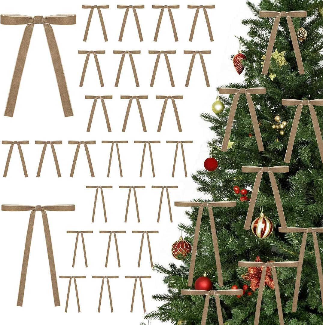 2 x 30 Pcs Velvet Bows for Christmas Tree, 5 x 7 Inch Vintage Rustic Christmas Ribbon Bows Ornaments for Tree Garland Wreath Gifts Outdoor Indoor Xmas Home Decorations(3/8'' Wide + 5/8'' Wide) (Khaki)