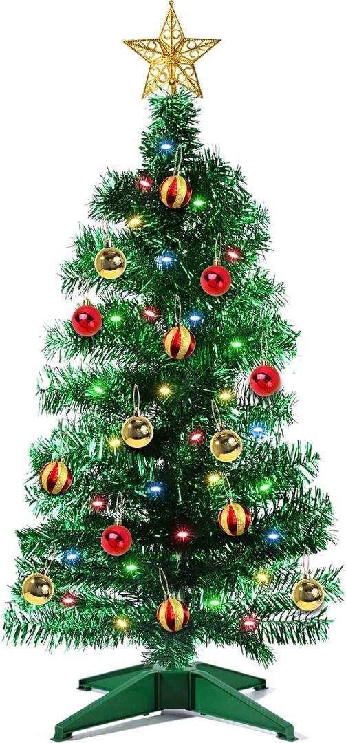 3 Ft Green Christmas Tree, 12 Modes Timer DIY 50 Multicolor Lights 15 Ball Ornaments 3D Star Battery Operated Artificial Xmas Tree for Indoor Home Holiday Party Decorations
