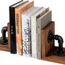 MyGift Book Ends, Decorative Bookends, Heavy Duty Book Holders for Shelves, Rustic Wood with Realistic Industrial Pipe Design,Unique Ideas for Father's Day, Christmas