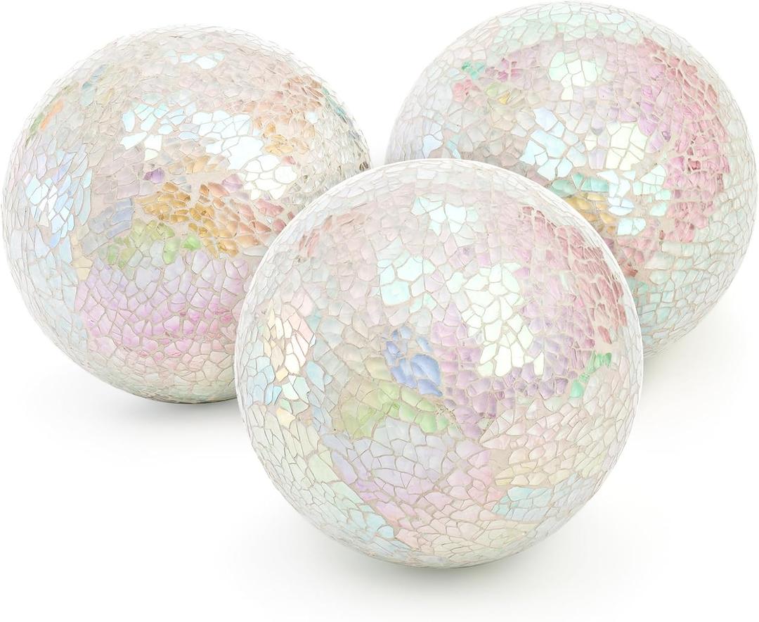 TOPZEA Set of 3 Decorative Balls, 4 Inch Glass Mosaic Orbs Sphere Bowl Fillers, Coffee Table Centerpiece Ball Ornaments for Living Room, Christmas, Holiday Party, White Home Decor