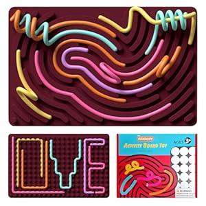 Sensory Fidget Toys for Kids, Silicone Sensory Activity Board for Stress, Anxiety, ADHD & Autism, Soft Worry Toys for Calm Down Corner Supplies, Play Therapy, Portable Travel Bag & 15 Strings (Red)