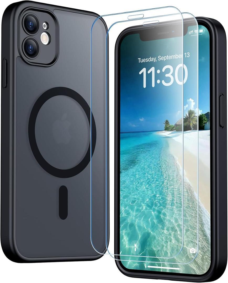 SPIDERCASE for iPhone 11 Phone Case, Magnetic Translucent Matte Case with 2PCS Tempered Glass Screen Protector Slim Phone Case for iPhone 11 6.1'', Black