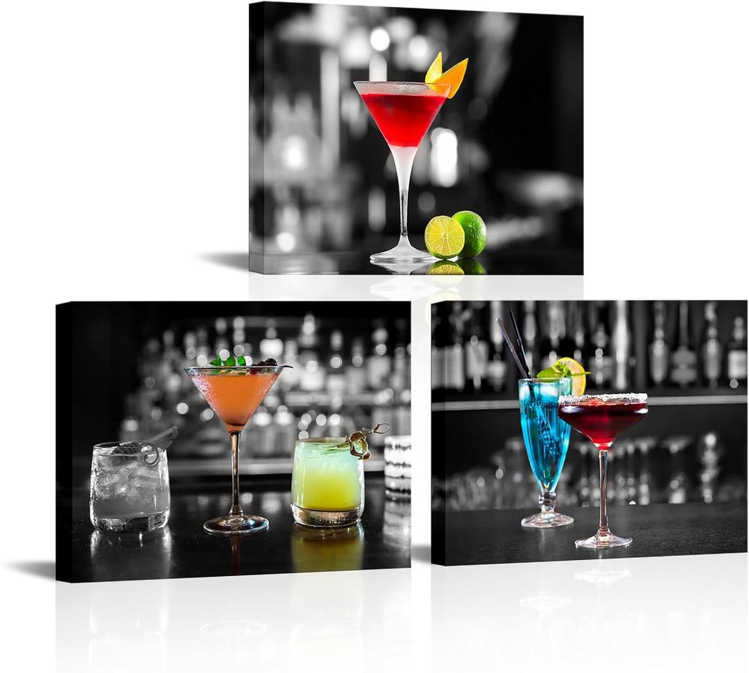 RnnJoile Cocktail Canvas Wall Art Black and White Bar Picture Prints Wine Paintings for Dining Room Bar Pub Decor Framed 12"x16" for Each (Small)