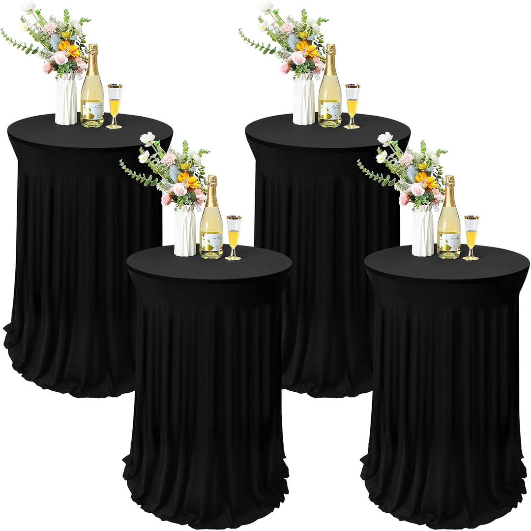 Tegeme 4 Packs Round Spandex Cocktail Tablecloths with Skirt 32 x 43 Inch Cocktail Round Table Cover Spandex Stretch Square Tablecloth Skirt for Table Bar Wedding Party Banquet (Black)