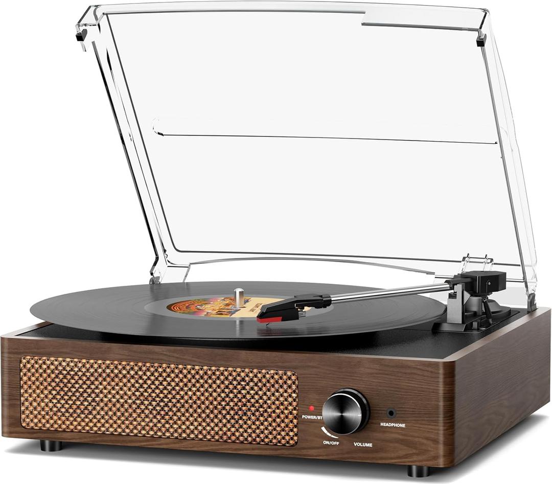 Bluetooth Vinyl Record Player,3-Speed Turntable with Stereo Speakers Vintage Phonograph Record Player, with RCA Line Out AUX in Headphone Jack Coffee Wood