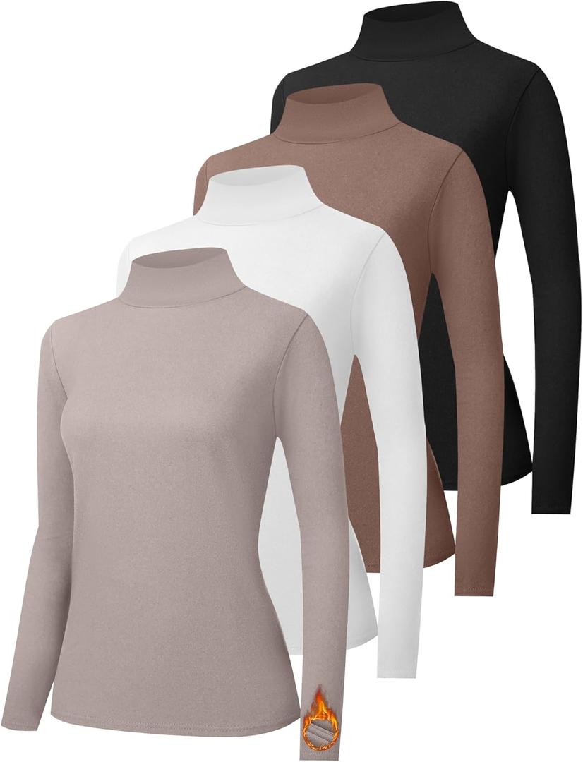 HOPLYNN 2/4 Pack Thermal Turtleneck Women Fleece Lined Turtle Neck Long Sleeve Shirts Mock Pullover Sweater Tops (Large, 1 Black 1 White 1 Coffee 1 Wheat)