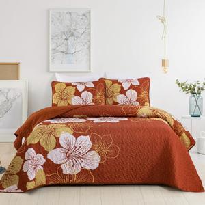DJY 3 Pieces Quilt Set King Gold Floral Pattern Quilt Coverlet Set Boho Floral Bedspread with 2 Pillow Shams Elegant Flower Bedding Quilt Set for All Season (Terracotta, 104"x 90")