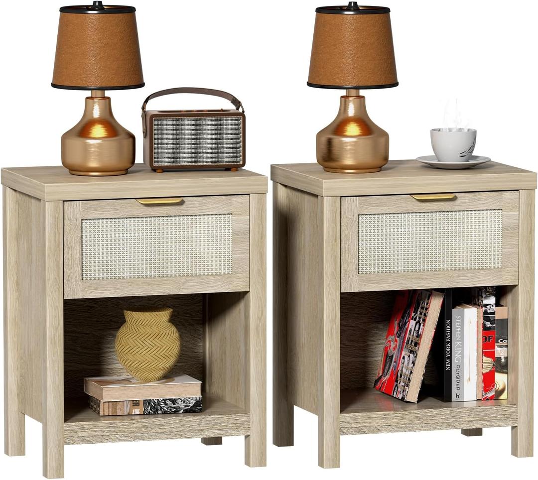 Rattan Night Stand Set of 2 Farmhouse Black Side Table with Drawer and Storage Shelf Boho Bedside Table for Bedroom End Tables (2, Light Oak)