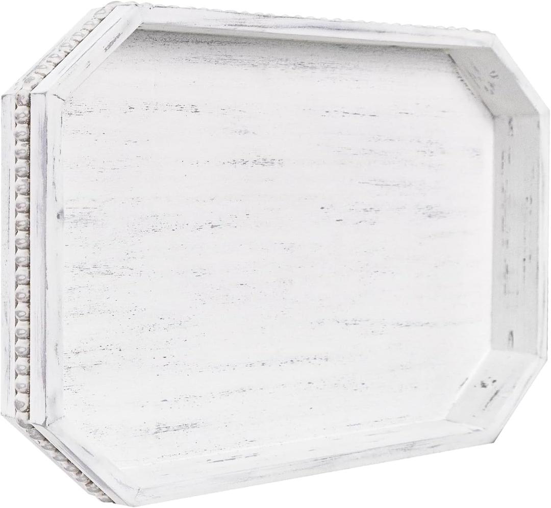 Wooden Decorative Tray, Rustic Serving Tray with Wood Bead, Farmhouse Big Tray for Ottoman, Countertop, Coffee Tabl, 16.5" x 13"x 1.6" (Retro White)