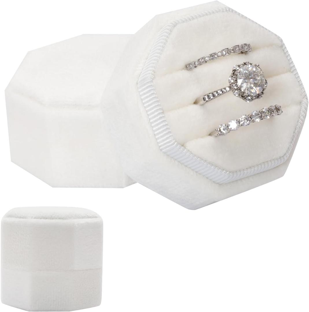Velvet 3 Slots Jewelry Ring Box Vintage Octagon Ring Display Holder Gift Premium Gorgeous Case with Detachable Lid for Wedding Engagement Proposal Keepsake Ceremony (White)