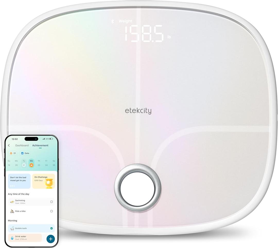 Etekcity Smart Rechargeable Scale for Body Weight, BMI, Fat, Muscle Mass, FSA&HSA Eligible, Digital Bathroom Scale with 13 Metrics, Secret Mode, Bluetooth Connect to Free Apps, Rainbow White