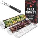 Rolling Grill Basket, New Opening Design, Extra Sturdy Cylinder Grilling Basket, Food Grade Stainless Steel, Large Portable Outdoor Camping accessories BBQ Net Rack, Cooking Griller for Fish, Vegetables, and More - Gifts for Men Dad Husband - Set of 2