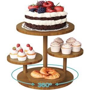 4 Tier Wood Round Cupcake Tower Stand for 50 Cupcakes, Rotatable Cake Stands with Tiered Tray, Solid Wood Dessert Display Platter for Party Birthday Graduation Baby Shower Wedding