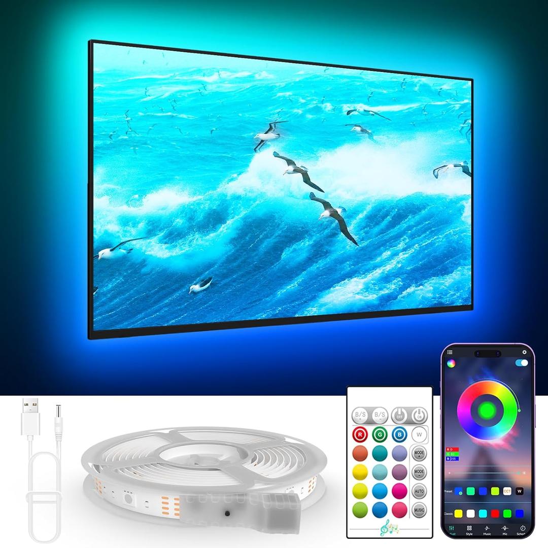 TV Lights Behind, 19.68ft LED Lights for 55-85 Inch TV, RGB TV Backlight, Music Sync Bluetooth APP and Remote Control Strip Lights USB Powered for Bedroom Gaming Room Decor (Multicolor)