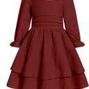 JiAmy Girls Dresses Square Neck Lantern Long Sleeve Ruched Smocked Back Double Layer Ruffle Dress (7-8 Years, Wine Red)