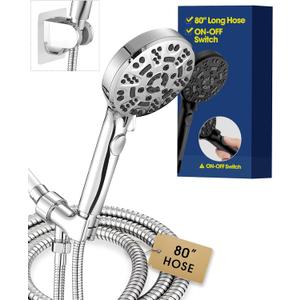 Handheld Shower Head with 6.56ft Extra Long Hose, On Off Switch 8-Seting High Preesure Hand Held Showerhead, Low-Reach Adhesive Holder for Kid, Disable& Elder (Chrome)