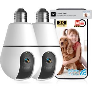 Light Bulb Security Camera,2.4G/5GHz WiFi 2K Security Cameras Wireless Outdoor Indoor,Bulb Cameras for Home Security,AI Smart Detection,911Emergency,US Based Cloud,2 Way Talk,Color Night Vision 2Pack