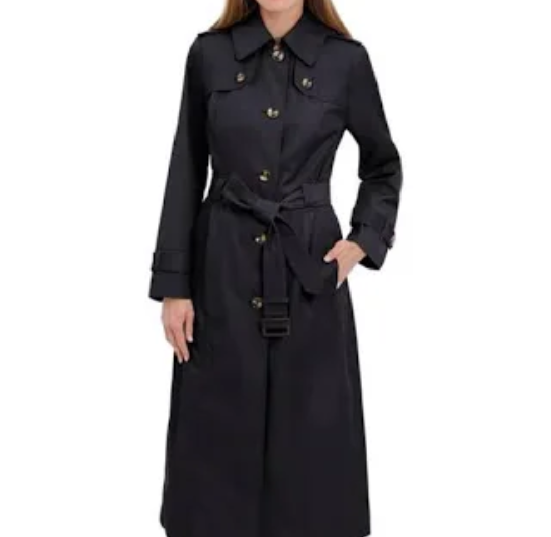 London Fog Women's Single Breasted Long Trench Coat with Epaulettes and Belt, Black, Large