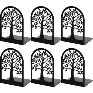 Happyhapi Book Ends, Metal Book Ends to Hold Books, Tree Decorative Bookends for Shelves, Black Book Stopper Bookend for Heavy Books, Book Holder for Shelf Home Office, 6.8 x 4.7 x 3.5(3 Pair/6 Pcs)